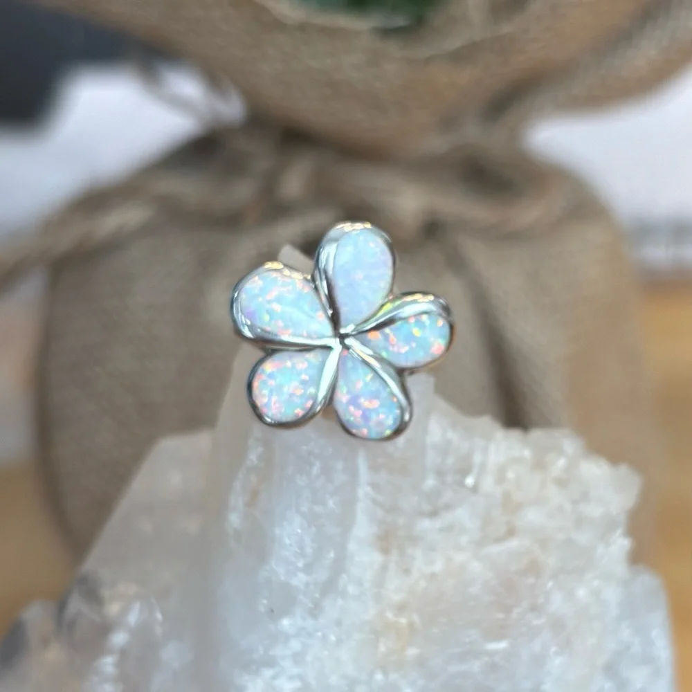 Stunning Opal Inlay Flower Ring solid Sterling Silver 925 Artisan Made sz 6 7/8 - Picture 4 of 12